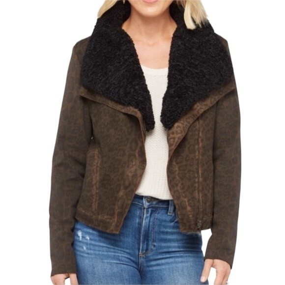 Anthropologie Marrakech Leopard Sherpa Moto Jacket Stretch Baddie Bomber Sheik - Picture 1 of 16